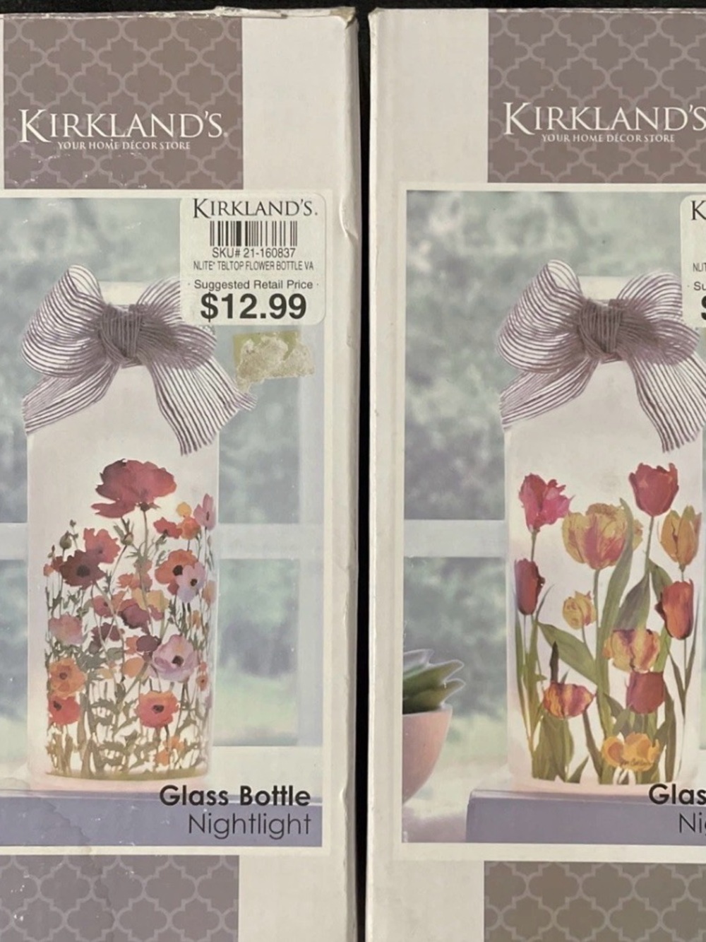 Kirklands Glass 8” Bottle Nightlights (Set of 2) in Floral Pink Electric Lights